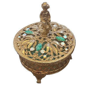 Vintage Jewelled Filigree Cherub   Gold and Green MCM Regency Jewelry Box